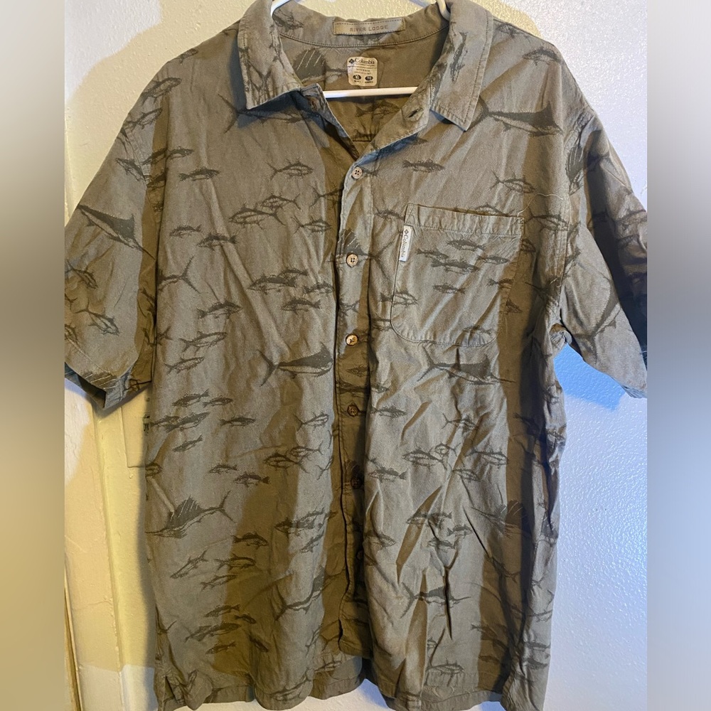 Columbia Short-Sleeve Button-Up with Fish Print - Olive Green